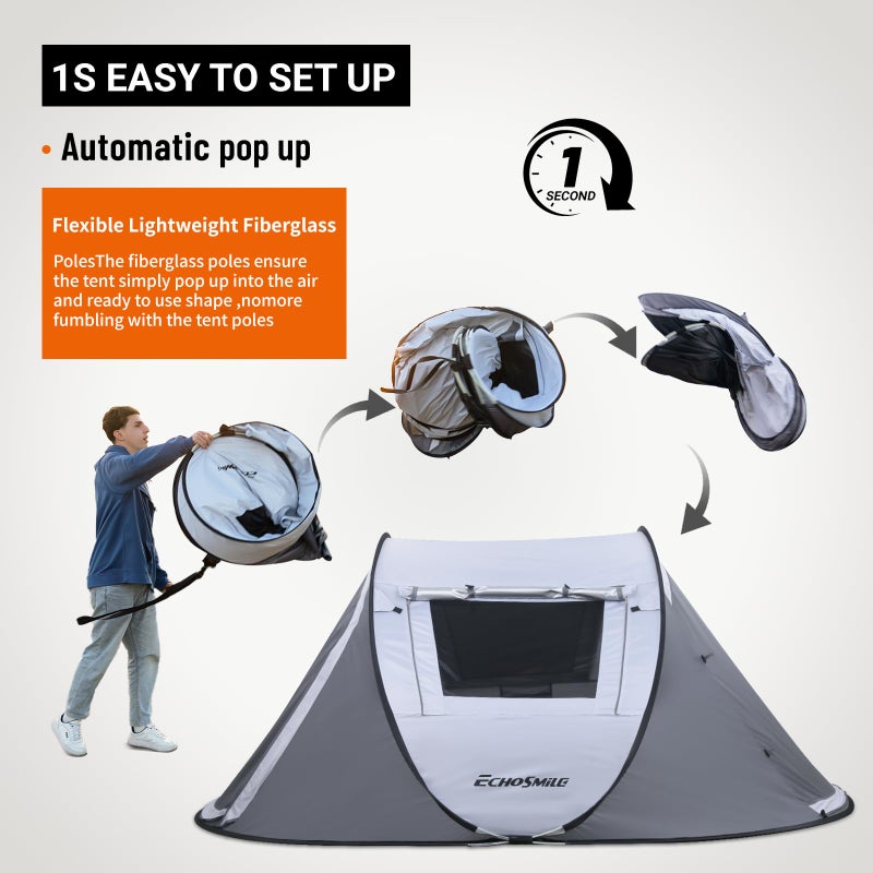 EchoSmile Instant Pop Up Camping Tent, 2/4/6 Person, Easy Setup Tent, Water Resistant Dome, Portable with Carry Bag - Image 3